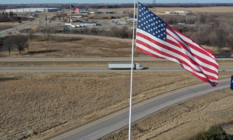 An aerial view of the Flags of Freedom on Thursday, March 6, 2025 near the intersection of Interstate 80 and Route 26 in Princeton.