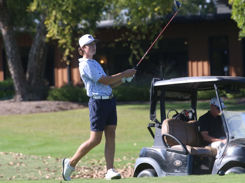 Burlington Central's Tyler Samaan tees off during the Pirate Invitational on Monday, Sept. 15, 2025 at Deer Park Golf Club in Oglesby.