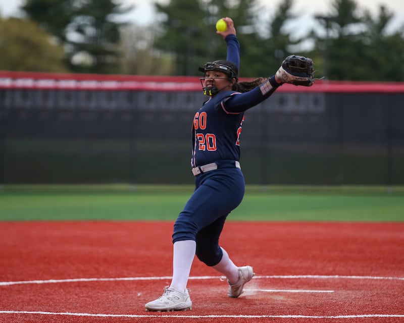 Oswego's Jaelynn Anthony (20) goes through her wind up during softball game between Oswego at Yorkville. May 5, 2026 in Yorkville.