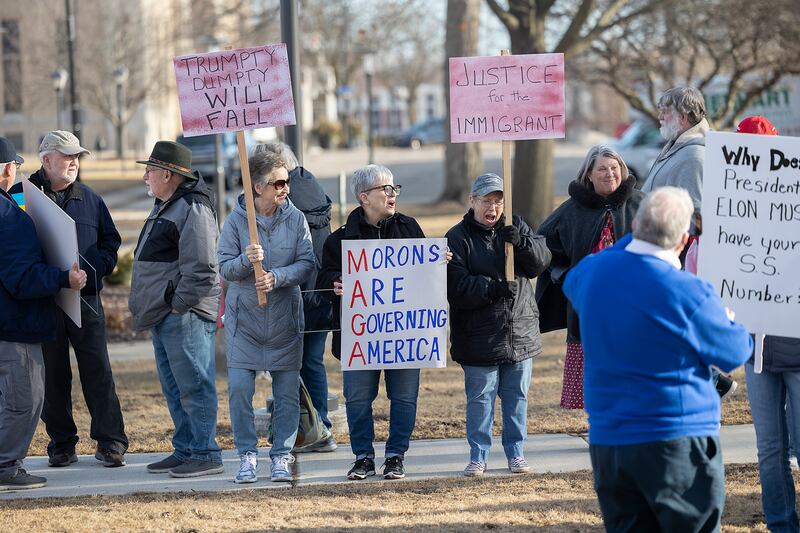Over 250 protestors gathered Tuesday, Feb. 25, 2025, at Grandon Civic Center in Sterling to voice their feelings about the Trump administration, Elon Musk and other topics of contention. The demonstration was organized by Action for a Better Tomorrow Sauk Valley.