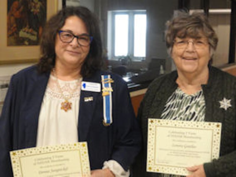 Donna Jungnickel and Nora Geuther of the Fort du Rocher Chapter of the Daughters of the American Revolution of Mendota received certificates as five-year members. Audrey Sauter is not pictured.