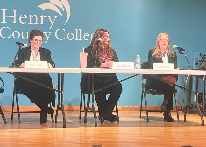 Candidates (from left to right) Lea Grover, Alena Hansen and Maria Krause participated in the candidate forum hosted by the League of Women Voters of McHenry County Thursday at McHenry County College.