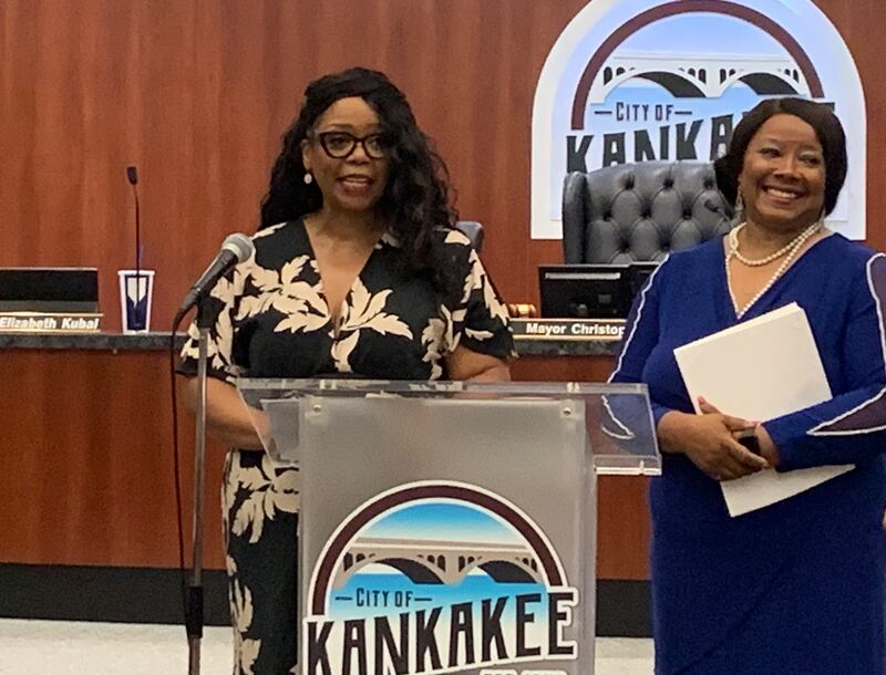 Former Kankakee Mayor Chasity Wells-Armstrong speaks at the Kankakee City Council meeting on Tuesday, Sept. 2, 2025, next to 1st Ward Alderwoman Cherry Malone Marshall, right, as a resolution was unanimously approved for a portion of Hobbie Avenue will hold the honorary street designation of "Mayor Chasity Wells-Armstrong Avenue." The 100 through 700 blocks and the 900 block of the just-rebuilt Hobbie Avenue will bear the name.
