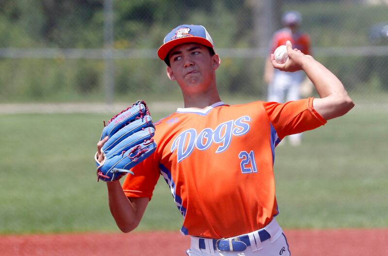 Windy City Hit Dog’s —Offdenkamp’s Brady Hermann throws a pitch during a semi-final baseball game against the Barrington Broncos Red in a Under 13 McHenry County Youth Sports Association’s Summer International Championship baseball tournament on Monday, July 14, 2025, at the Mickey Sund Baseball Complex in Crystal Lake's Lippold Park.