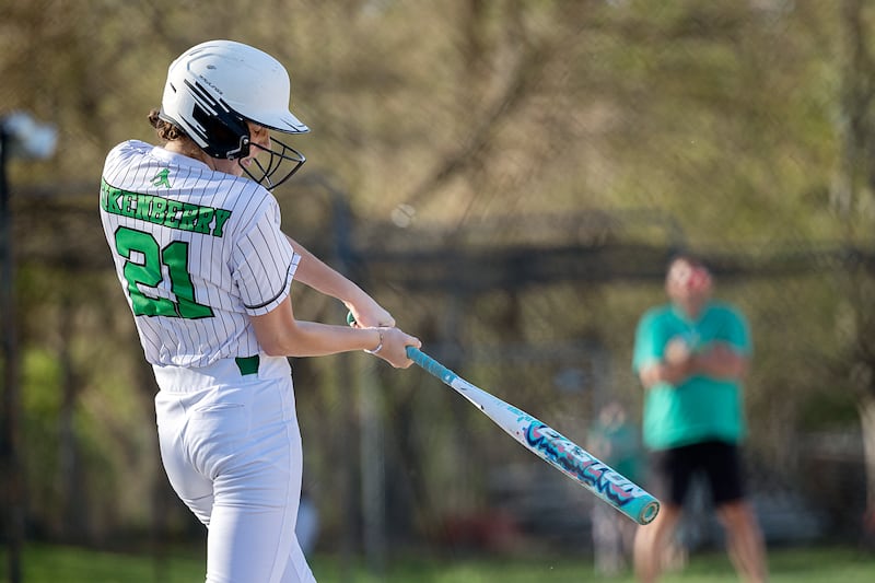 Rock Falls’ Madisyn Eikenberry drives the ball deep against Oregon earlier this season.