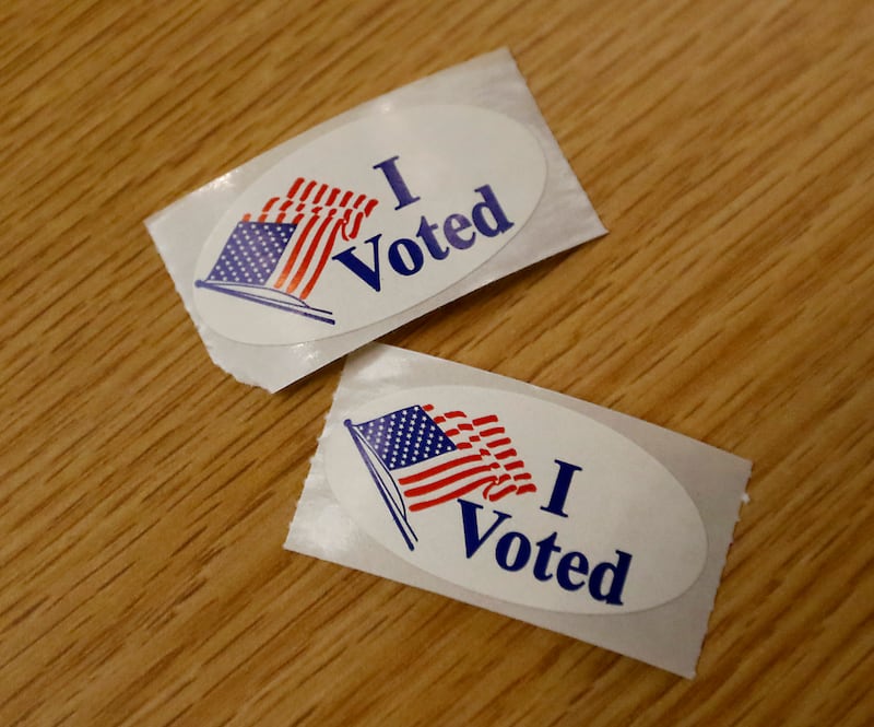 “I Voted” stickers for voters Tuesday, April 4, 2023, after they cast their ballots in the 2023 consolidated election at Del Webb Sun City’s Prairie Lodge in Huntley.