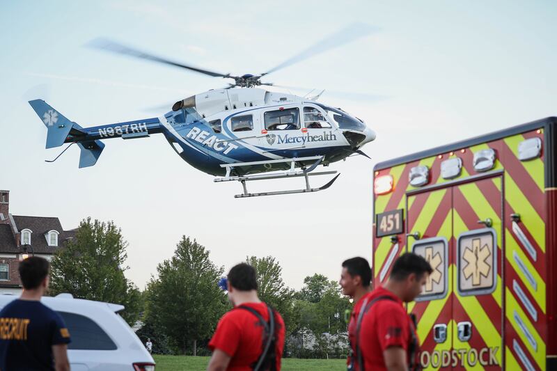 Woodstock Fire/Rescue District assist a woman who was seriously injured in a crash on Aug. 22, 2025 at the 100 block of 1st Street.