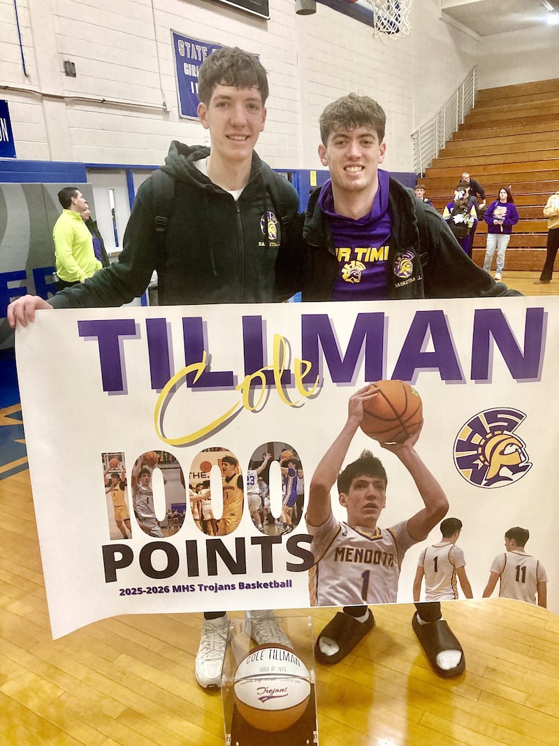 Mendota brothers Cole (left) and Aden Tillman both scored their 1,000th career point this week. Cole scored his 1,000th point Friday at Princeton, needing 21 and scoring 32. Aden netted his milestone at home Tuesday against Hall. They are the 20th and 21st Mendota player to score 1,000 points.