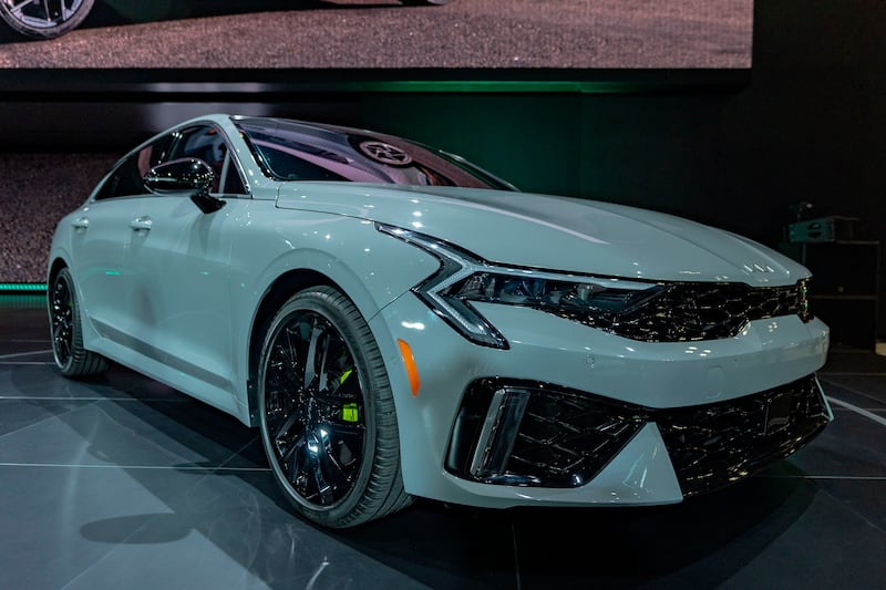 The KIA K4 stands on a platform at the 2024 New York International Auto Show, Wednesday, March 27, 2024, in New York. (AP Photo/Peter K. Afriyie)