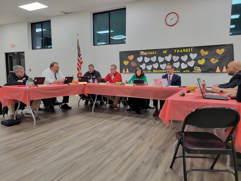 The Bradley Elementary School Board meets on Feb. 13, 2025, inside the multipurpose room of the new addition to Bradley East Elementary School.