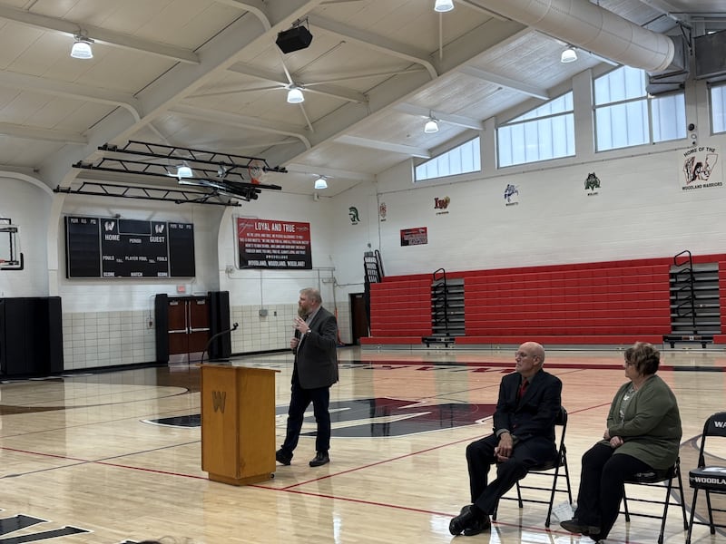 Paul Webster, senior pastor of Central Church of Christ in Streator, reflected on how his time at Woodland shaped his life and commitment to serving the community during his induction speech at Woodland School on Friday.
