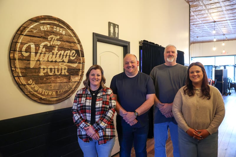Justin Caldwell and Jolene Booth, left, both of Bourbonnais and co-owners of Sweet Darren’s, and Bourbonnais father and daughter Andy and Anne Fredona, right, will open The Vintage Pour on South Schuyler Avenue this May in the former Cork Wine Bar, which was previously Grapes & Hops.