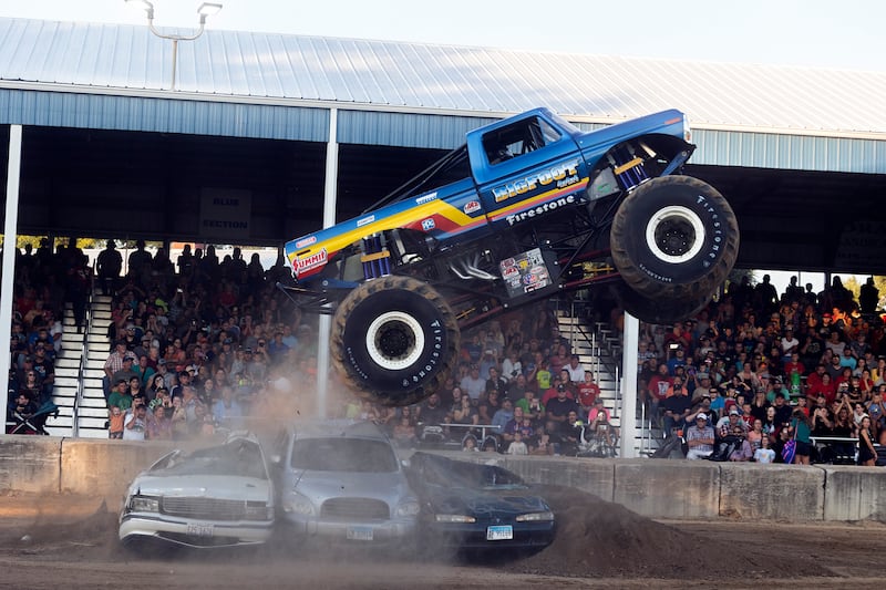 Bigfoot driver Roger Gauger goes airborne Thursday, August 17, 2023 during the Full Throttle Monster Truck show at the Whiteside County Fair.