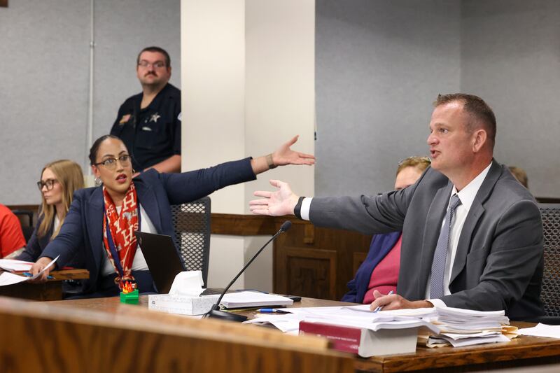 Kankakee County State's Attorney Jim Rowe, right, and defensive attorney Cierra Norris address an issue with Judge Kathy Bradshaw-Elliott during court proceedings for Xandria Harris on Friday, Aug. 8, 2025