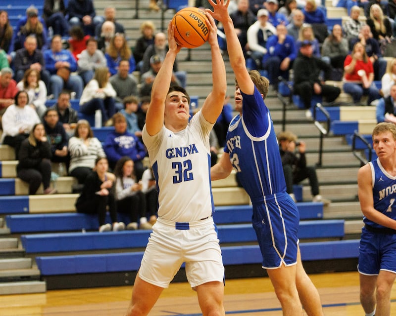 Geneva's Ben Peterson puts the shot up over Wheaton North on Friday, Feb.13,2026 in Geneva.