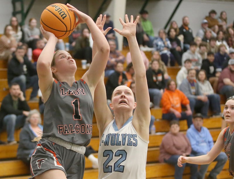 Flanagan-Cornell/Woodland's Ella Derossett (1) eyes the hoop as Cissna Park's Josie Neukomm (22) defends during a Class 1A Midland Sectional semifinal game on Tuesday, Feb. 25, 2025, in rural Varna.