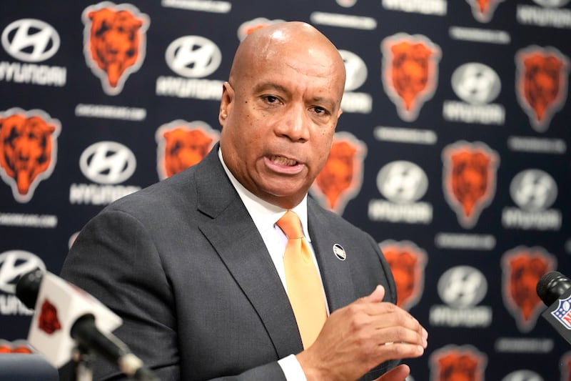 Chicago Bears President and CEO Kevin Warren speaks during an NFL football news conference at Halas Hall in Lake Forest, Ill., Monday, Dec. 2, 2024. (AP Photo/Nam Y. Huh)