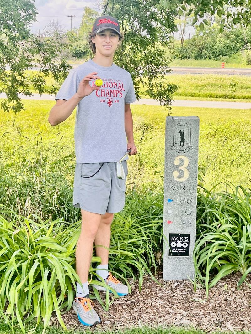 Joseph Perez, an incoming junior golfer at Hall High School, shot his first hole in one, acing the No. 3 hole at Spring Creek Golf Course on Monday.