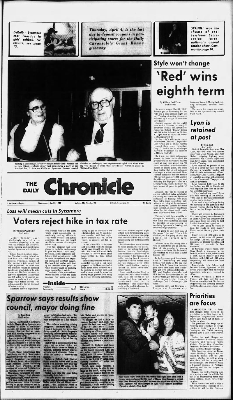 The cover of the Daily Chronicle for April 3, 1985