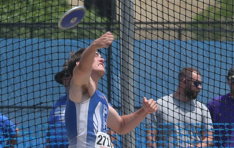 Princeton's Landen Hoffman throws discus during the IHSA Class 2A Boys Track & Field State Finals on Saturday, May 31, 2025 at Eastern Illinois University in Charleston.
