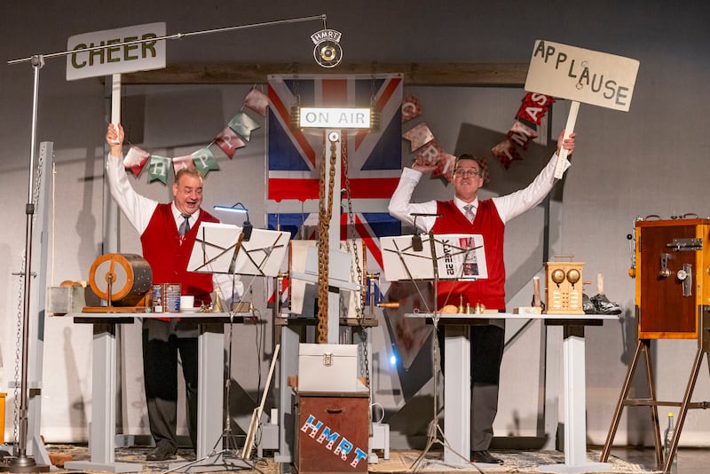 Audience participation is a big part of “A Christmas Carol: The Ghosts of Christmas,” seen here being rehearsed Nov. 23, 2024, at Stage 212. The La Salle theater company will stage the Dickens classic at 7:30 p.m. Friday, Dec. 6 and at 2 p.m. Sunday, Dec. 8. Jeff Sudakov (left) and Dave Roden (right) provide the narration, byplay and sound effects.