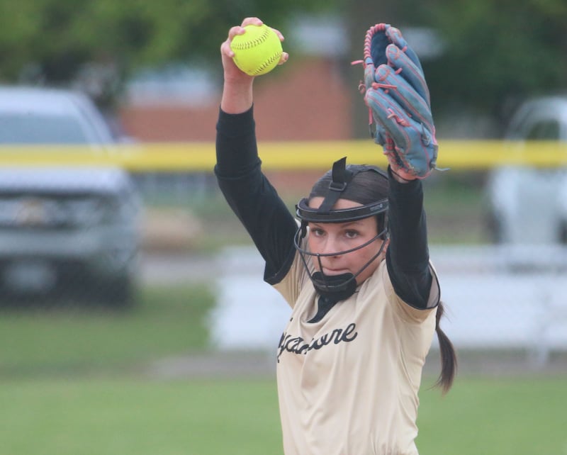 Sycamore pitcher Bella Jacobs lets go of a throw to Ottawa on Tuesday, May 5, 2026 at Peck Park in Ottawa.