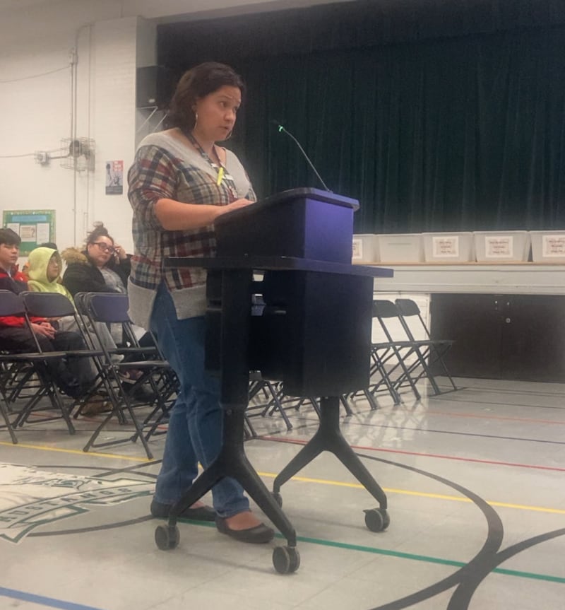 AO Marshall Elementary School teacher Paulie Lopez speaks to the District 86 board in favor of keeping the school open.
Wednesday, Feb. 4, 2026.
