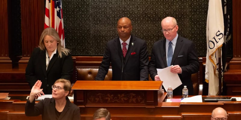 Speaker Emanuel “Chris” Welch, D-Hillside, and Senate President Don Harmon, D-Oak Park, preside over a joint session of the House and Senate on May 27, 2026.