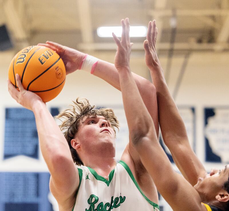 Rock Falls’ Cole Mulnix looks towards the hoop against Riverdale Friday, Feb. 28, 2025, during the Class 2A Regional final at Bureau Valley High School.