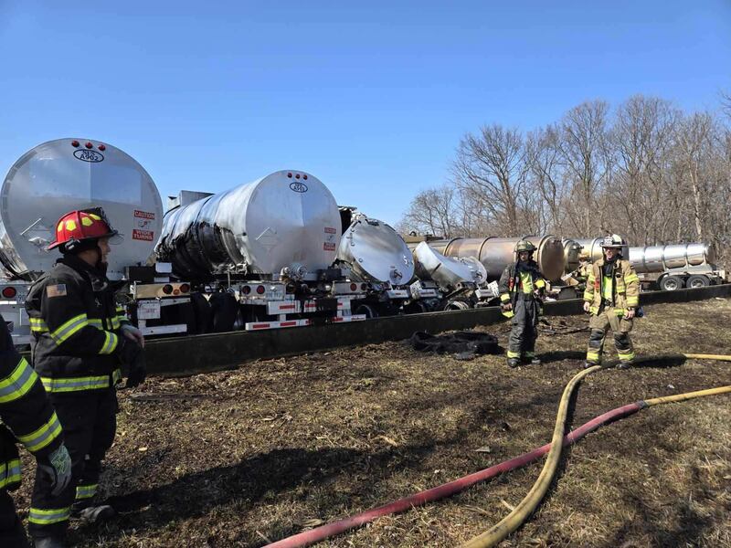 Multiple tanker trailers were damaged Thursday near Walnut after a brush fire led to an explosion.