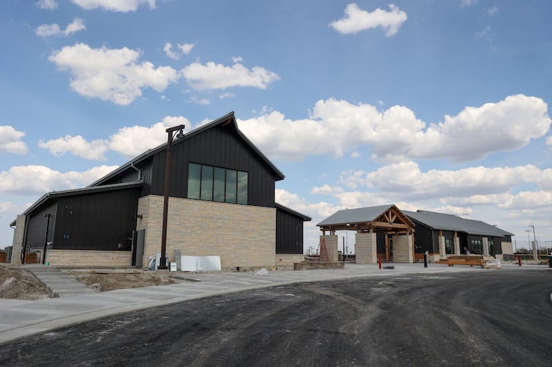 Work continues on the main entrance buildings last week at Bradley's 315 Sports Park as the new state-of-the-art complex prepares to host its first tournament with 50 boys' travel baseball teams this weekend.