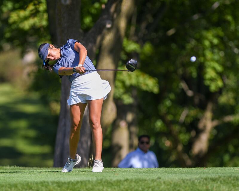 Isha Patel of Lake Park tees off during the DuKane conference meet on Tuesday Sept. 23, 2025, held at Phillips golf course in Aurora.