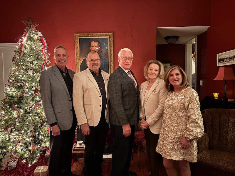 Current and former board chairs of the Starved Rock Country Community Foundation gathered Dec. 11, 2024, at the historic Gen. Wallace Home of Jay and Kim McCracken of Ottawa. Pictured are Jay McCracken, left, Bob Eschbach, Reed Wilson, co-founder Pamela Beckett, and current chair Tracy Bedeker. Former chair Tom Justice was unavailable. The Foundation is celebrating its 10th anniversary this fall.