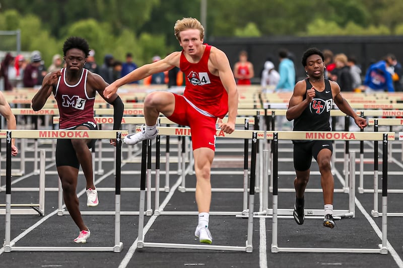Ottawa's Weston Averkamp wins in the 110mH at the Class 3A Minooka Sectional Boys Track and Field Meet Wednesday, May 21, 2025 in Minooka.
