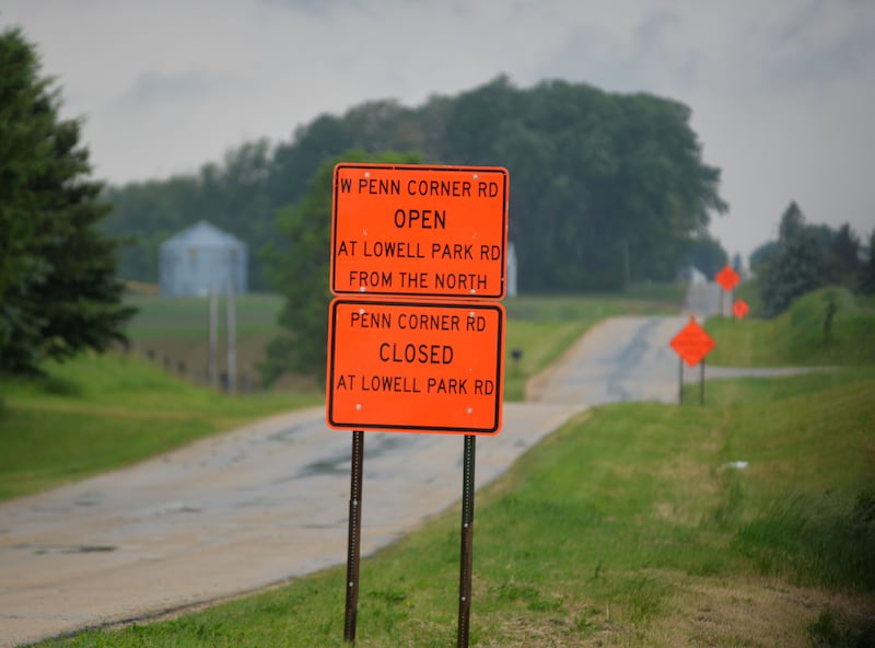 Signs alerting motorists to the planned closure of a portion of Lowell Park Road were placed along Penn Corner Road on Tuesday, June 3, 2025 in preparation for the construction project on Lowell Park Road at the intersection with Penn Corner Road. Construction includes widening the intersection and adding a new culvert and storm drain during the summer-long project.