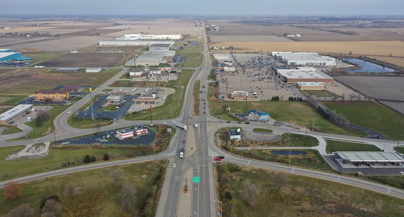 An aerial view looking north near the intersection of May Road and Illinois Route 251 on Monday, Nov. 20, 2023 in Peru.