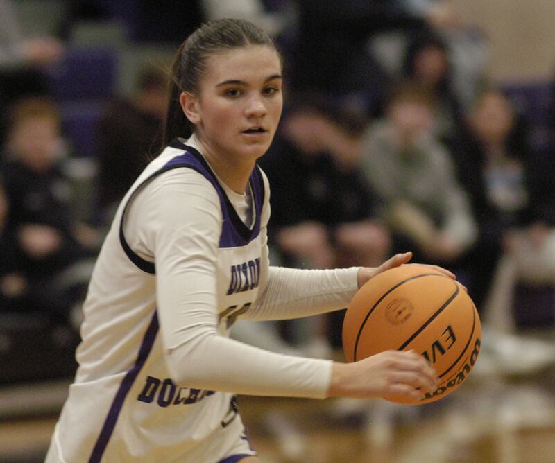 Kiley Gaither brings the ball up .The Dixon Duchesses played the Stillman Valley Cardinals in the third place game of the Dixon Holiday Tournament at Dixon High School on Monday, December 29th, 2025.