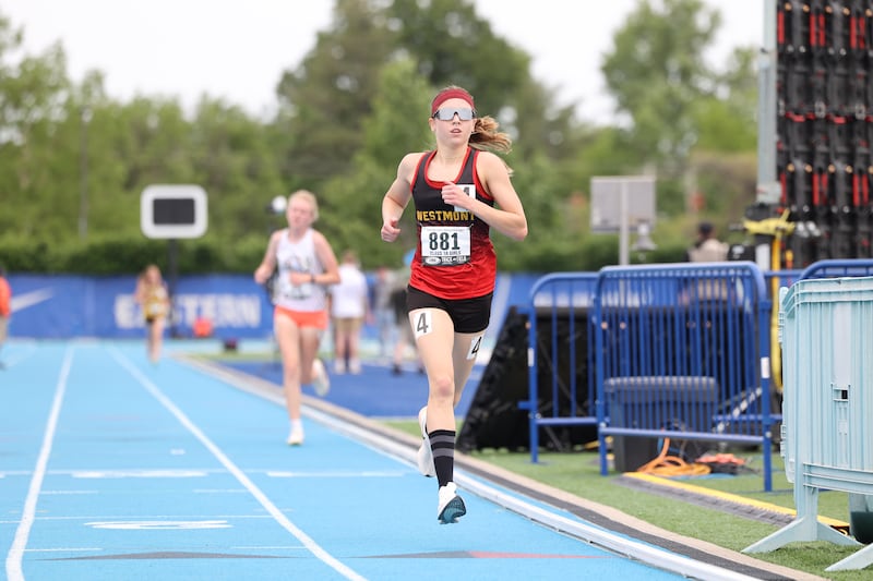 Westmont’s Kyla Babb competes in the 3200 m run during the IHSA Class 1A Girls Track & Field State Finals on Saturday, May 24, 2025.