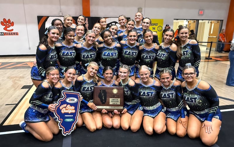The Lincoln-Way East competitive cheer team first won the Class 3A Edwardsville Sectional championship, then went on to capture the IHSA state championship last weekend in Bloomington with a team score of 97.92. The sectional and state championship L-W East team includes (not listed as pictured): Isabella Berner, Kelsey Bulthuis, Gia Camodeca, Emma Carroll, Harper Costro, Lexi Darnell, Sinead Dieters, Brianna Drebot, Jessica Drebot, Delaney Drogemuller, Macie Duncan, Jaela Griffin, Kate Grotke, Sarah Hellrung, Fiona Hilbert, Maddie Kohler, Savanah Lyons, Kate Nelson, Elizabeth Petrovich, Paisley Polad, Morgan Powell, Nora Schlinger, Ashely Schoon, Julia Scully, Mia Simon, Lily Warning, Emma Weyer. The squad is coached by Jason Polad, Maddy Enright, Cressie Vidro, Abbey Schissler and Emily Caruso.