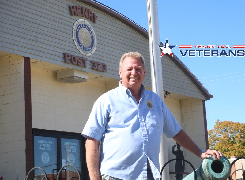 Veteran Roger Masters poses for a photo on Thursday, Oct. 9, 2025 outside the American Legion Hall in Henry.