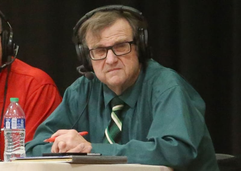 Mike Brown announces the Class 1A St. Bede Sectional game on Thursday, Feb. 22, 2024 at Gardner-South Wilmington High School.