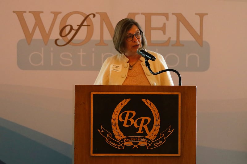 Award recipient Catherine Jones speaks during the Northwest Herald's Women of Distinction award luncheon Wednesday June 4, 2025, at Boulder Ridge Country Club, in Lake in the Hills. The luncheon recognized ten women in the community as Women of Distinction.