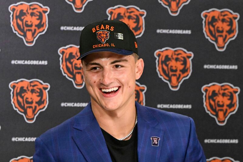Tight end Colston Loveland, the Chicago Bears' first round draft pick, 10th overall, speaks during an NFL football press conference, Friday, April 25, 2025, in Lake Forest, Ill. (AP Photo/Matt Marton)