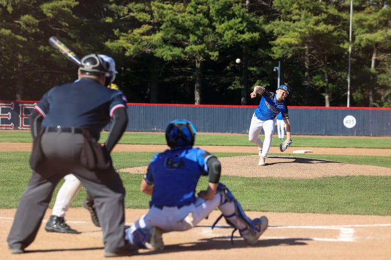 Clifton Central's Noah Vining releases a pitch during Central's 8-4 victory over Kankakee on Monday, May 11, 2026.