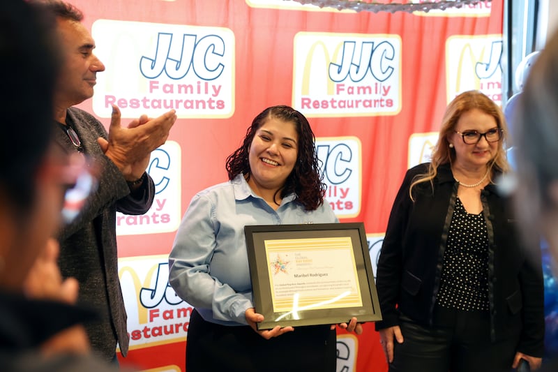 Kankakee resident Maribel Rodriguez, general manager of the North Fifth Avenue McDonald's, is presented with a Ray Kroc Award, a coveted recognition presented to less than 1% of managers across the McDonald’s Corporation, on Tuesday, Oct. 21, 2025.