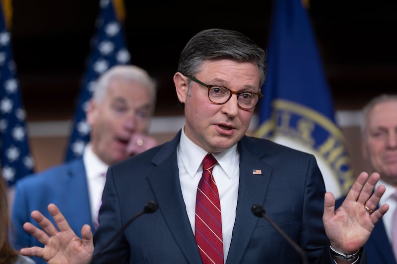 Speaker of the House Mike Johnson, R-La., gestures as he meets with reporters ahead of a key procedural vote to end the partial government shutdown, at the Capitol in Washington, Tuesday, Feb. 3, 2026. (AP Photo/J. Scott Applewhite)