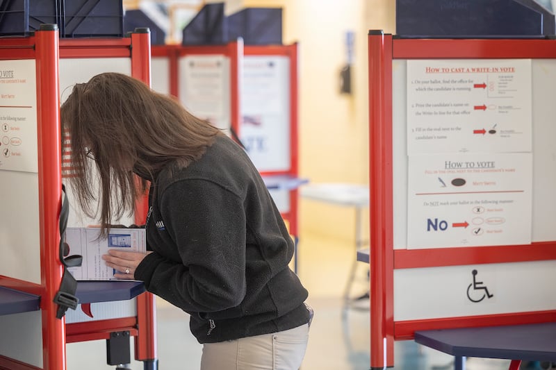 Abbi Gray casts a ballot Tuesday, April 1, 2025, at Northland Mall in Sterling.