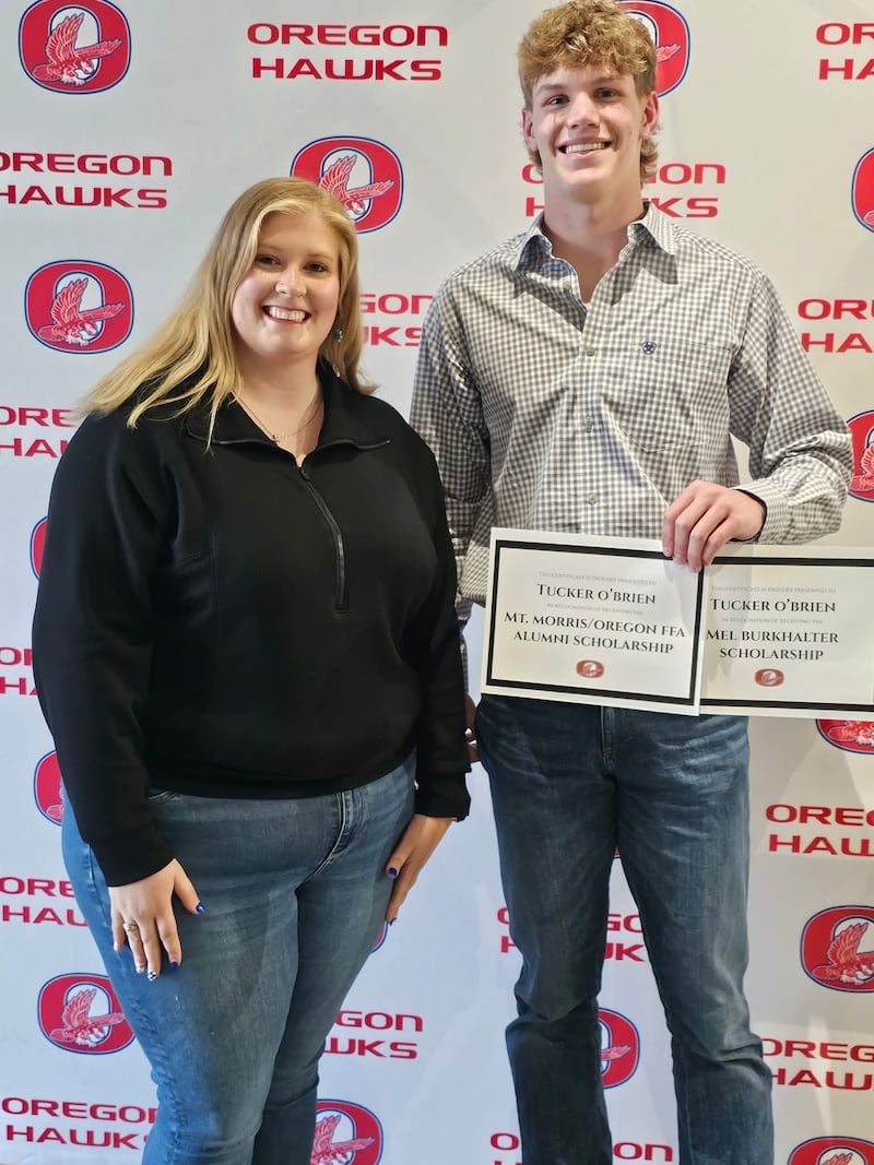 Oregon High School class of 2026 graduate Tucker O'Brien received this year’s Mt. Morris-Oregon Alumni scholarship and the Mel Burkhalter Scholarship. Both scholarships were awarded to assist O’Brien continue his education in agriculture at the collegiate level. Sara Blume, current Mt. Morris-Oregon Alumni president, presented the scholarship to O’Brien.