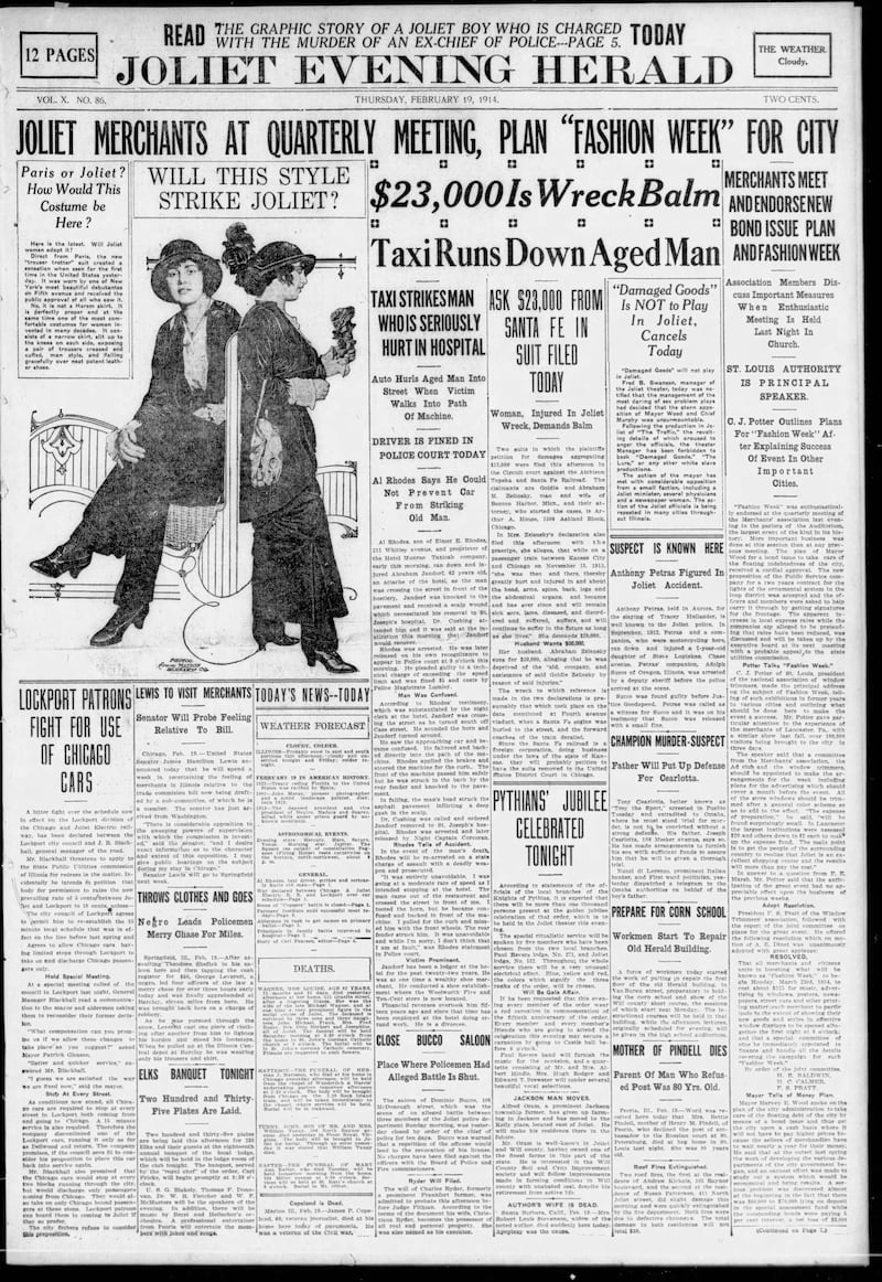 The cover of the Joliet Evening Herald for Feb. 19, 1914