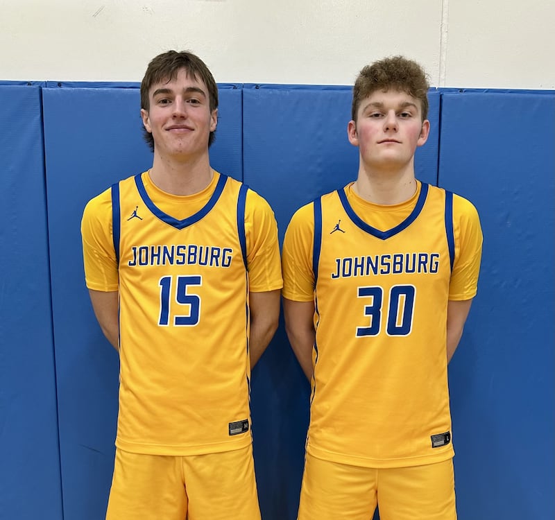 Ashton Stern (left) made three 3-point shots and Jayce Schmitt (right) compiled seven points, seven rebounds and five assists as Johnsburg beat Plano 74-46 on Friday.